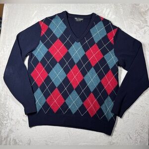 Hawick Knitwear Women’s 100% Lambswool Argyle Plaid Knit V Neck Blue Sweater L